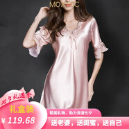 MOXTOC性感睡衣女士冰絲睡裙V領(lǐng)薄款蕾絲寬松顯瘦仿真絲家居服可外穿 粉紅色 2XL (建議135-150斤)