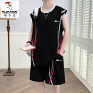 啄木鳥(niǎo)（TUCANO）夏季冰絲速干短袖t恤套裝男孩學(xué)生兩件套裝坎肩背心球衣五分短褲 20675-TZ8925黑色(背心+短褲) XL (120-140斤左右)