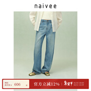 納薇（naivee）商場(chǎng)同款25秋釘珠直筒褲水洗磨白長(cháng)絨棉牛仔褲女高腰寬松顯瘦長(cháng)褲 深牛仔藍 XL