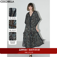 COCOBELLA波普印花7米+蕾絲鑲邊蝙蝠袖連衣裙度假大碼長(cháng)裙FR7040 普魯士藍 S