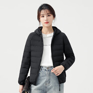鴻星品牌斷碼秋冬輕薄羽絨服女短款輕型保暖連帽潮牌休閑潮牌羽絨服鴨絨 黑色紅星鴻星爾克 L