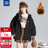 唐獅（TonLion）2025針織外套女休閑衛衣開(kāi)衫連帽上衣 加絨款/黑色 S