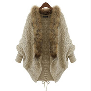 2025春秋冬時(shí)尚新款歐美蝙蝠衫寬松大碼毛衣針織衫系帶開(kāi)衫毛領(lǐng)女 圖片色 均碼