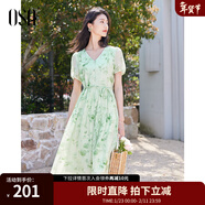 歐莎（OSA）度假風(fēng)海邊度假V領(lǐng)連衣裙子女2025夏新款水墨印花夏日絕美小裙子 綠色 S