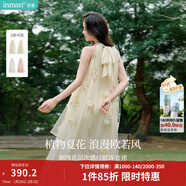 茵曼法式刺繡無(wú)袖掛脖連衣裙2026夏季女裝新品海邊度假沙灘長(cháng)裙子 杏色 M