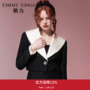 糖力【商場(chǎng)同款】財閥千金 撞色翻領(lǐng)亮片粗花呢小香風(fēng)短外套女秋 黑色 M