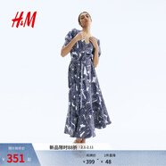 H&M女裝2025秋季新款印花斜紋布短袖泡泡袖V領(lǐng)喇叭形連身裙1297789 白色/藍色花卉 XS 155/80