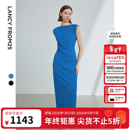 朗姿法式一字肩收腰抽褶設計感氣質(zhì)長(cháng)裙夏裝新款女禮服連衣裙 艦隊藍色 S