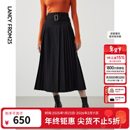 朗姿法式氣質(zhì)曠野美拉德百褶裙冬季新款顯瘦裙子職業(yè)中長(cháng)款半身裙女 黑色 S