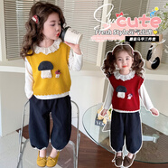 怡菲朵（IFEELDO）童裝春款套裝女寶寶春秋季兒童衣服馬甲襯衫休閑褲女童洋氣三件套 黃色三件套 90 建議18-25斤