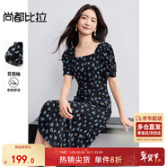 尚都比拉法式連衣裙女夏季方領(lǐng)堆堆袖復古波點(diǎn)抽褶開(kāi)叉A字裙