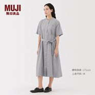MUJI女式 涼感 短袖襯衫連衣裙女裝裙子純棉25年夏季長(cháng)裙 灰色條紋 M (160/84A)