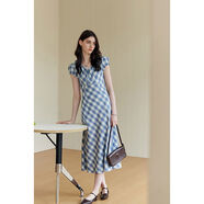 色格紋連衣裙女夏季法式V領(lǐng)收腰設計田園氣質(zhì)格子裙子 色 XS XS