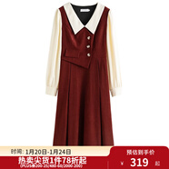 獨束大碼女裝假兩件撞色襯衫領(lǐng)連衣裙女秋冬微胖mm文藝復古穿搭裙子 勃艮第紅【適合160左右】 2XL