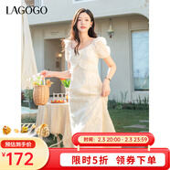 LAGOGO米色收腰系帶繡花連衣裙女拉谷谷2025年春夏新款氣質(zhì)雪紡裙 米色 XL