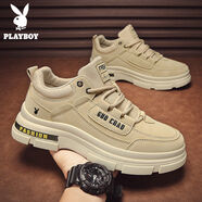 花花公子（PLAYBOY）男鞋2026新款冬季加絨棉鞋低幫運動(dòng)休閑皮鞋馬丁工裝板鞋 S1102卡其 單層 44 (180mm) 標準鞋碼