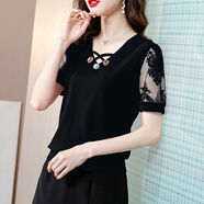 蕾絲衫2022夏裝韓版大碼女裝打底衫女短袖T恤女士小衫雪紡上衣服 黑色884款 4XL 建議140-155斤