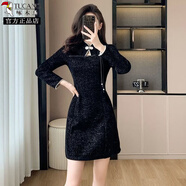 啄木鳥(niǎo)（TUCANO）新中式名媛甜美氣質(zhì)少女酒紅色小禮服長(cháng)袖燈芯絨旗袍連衣裙兩件套 黑色 S