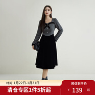 獨束大碼女裝法式優(yōu)雅撞色連衣裙冬新款復古方領(lǐng)微胖mm中長(cháng)款裙子 灰黑色-短款 M