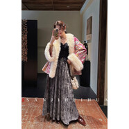 三吉黑花【鳶鳥(niǎo)】新中式炒花絲絨A字半身裙秋冬女新款絕美長(cháng)裙子 淺灰 M