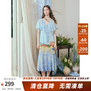 兩三事聽(tīng)潮踏浪 2025夏季新款優(yōu)雅披肩式綁帶領(lǐng)印花連衣裙長(cháng)裙 花色 S