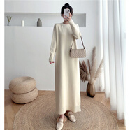 ADTNM秋冬超長(cháng)針織連衣裙女士過(guò)膝套頭韓式寬松修身Look長(cháng)加厚高領(lǐng)毛衣 杏色   (圓領(lǐng)) 均碼 (建議95-170體重)