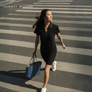 Tommy Hilfiger25秋冬新款女裝珠地網(wǎng)眼氣質(zhì)休閑鑲邊V領(lǐng)顯瘦短袖POLO連衣裙 黑色001 S