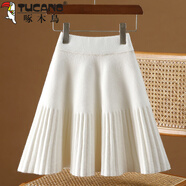 啄木鳥(niǎo)（TUCANO）針織半身裙女2026秋冬新款高腰顯瘦a字外穿傘裙彈力大擺百褶短裙 米白色 L