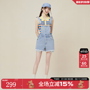 拉拉波波設計感純棉可調節背帶牛仔短褲女高腰顯瘦潮毛邊熱褲LBCB-WLZT12 中藍白 25