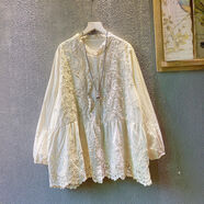 刺繡鏤空長(cháng)袖娃娃衫女2024春季新韓版休閑寬松A版減齡棉麻女襯衫 米色 均碼 均碼