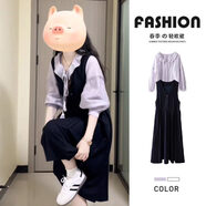 FHHUABD孕婦裝春季連衣裙2026女士套裝時(shí)尚時(shí)尚吊帶長(cháng)裙春秋季 紫色襯衫+背心群【兩件套】 M