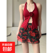 2026夏季新款時(shí)尚百搭復古玫瑰印花網(wǎng)紗半身裙高腰包臀短裙 紅色 S