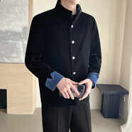 軒森圖（XUANSENTU）新中式外套男秋冬季設(shè)計(jì)感小眾高級(jí)感痞帥夾克美式復(fù)古絲絨中山裝 黑色 M100-120斤