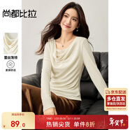 尚都比拉【雙層蕩領(lǐng)】2025年秋季拼接蕾絲腰側收褶不規則下擺針織長(cháng)袖T恤