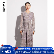 藍地（LANDI）幾何藝術(shù)印花壓褶連衣裙女年春季新款長(cháng)袖碎花裙子 花色 XL