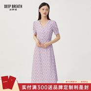 深呼吸DEEP BREATH女裝V領(lǐng)中長(cháng)高腰泡泡袖收腰碎花連衣裙A500197 紫-花 S (2)