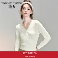 糖力【商場(chǎng)同款】冬季新款蕾絲邊V領(lǐng)羊毛針織衫女打底衫上衣 白色 L