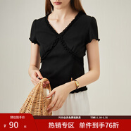 范思藍恩夏季針織短袖T恤衫女2024夏季新款法式木耳邊精致小上衣 黑色 M