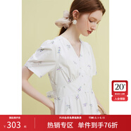 范思藍恩23FS12642茶歇法式碎花連衣裙女夏季新款V領(lǐng)沙灘長(cháng)裙 白底紫花 S