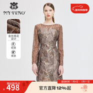 MY TENO春秋新款咖色繡花蕾絲連衣裙一步裙中長(cháng)款禮服時(shí)尚 咖色 L