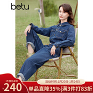 百圖betu女裝春季新款連體褲復古水洗牛仔襯衫工裝連體褲2401T69 牛仔色 S