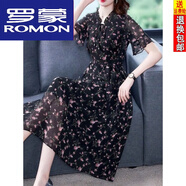 羅蒙（ROMON）連衣裙女真絲裙子新款25年春夏裝碎花大尺碼減齡桑蠶絲連衣裙子女 黑色短/袖 5XL 【建議165--180斤】