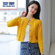 羅蒙（ROMON）短款針織開(kāi)衫女士秋冬新款高腰修身羊毛衫圓領(lǐng)長(cháng)袖加厚毛衣外套女 黃色 L (建議100-110斤)
