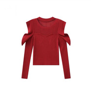 WZFS24004早春日系新品甜美純色性感荷葉袖露肩修身針織毛衣上衣 紅色