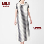 MUJI MUJI 女式 粗棉線(xiàn)天竺編織 長(cháng)款短袖喇叭形連衣裙 W9SB131 白色X橫條 XS-S