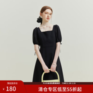 范思藍恩夏季氣質(zhì)拼接方領(lǐng)連衣裙夏季新款純色高腰顯瘦女裙泡泡袖裙子短款 黑色 XS