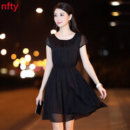 NFTY香港潮牌時(shí)尚輕熟風(fēng)減齡夏裝新款氣質(zhì)淑女顯瘦雪紡小個(gè)子連衣裙女 黑色 XL （115-125斤）