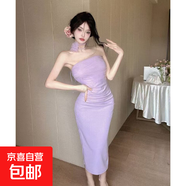 法式復古花朵抹胸長(cháng)裙性感一字領(lǐng)露肩修身顯瘦包臀連衣裙夏季新款 紫羅蘭 L