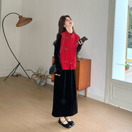 KUXA新年紅色馬甲洋裝套裝女春秋冬新中式國風(fēng)穿搭絲絨黑長(cháng)裙兩件套 紅色_+黑(兩件套) M _(100-115斤)