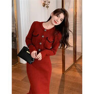 花花公子（PLAYBOY）小香風(fēng)連衣裙套裝韓國優(yōu)雅名媛氣質(zhì)內搭兩件套訂婚禮服回門(mén)紅色針 紅色兩件套：長(cháng)袖開(kāi)衫+半身裙 S 【建議80-95斤】